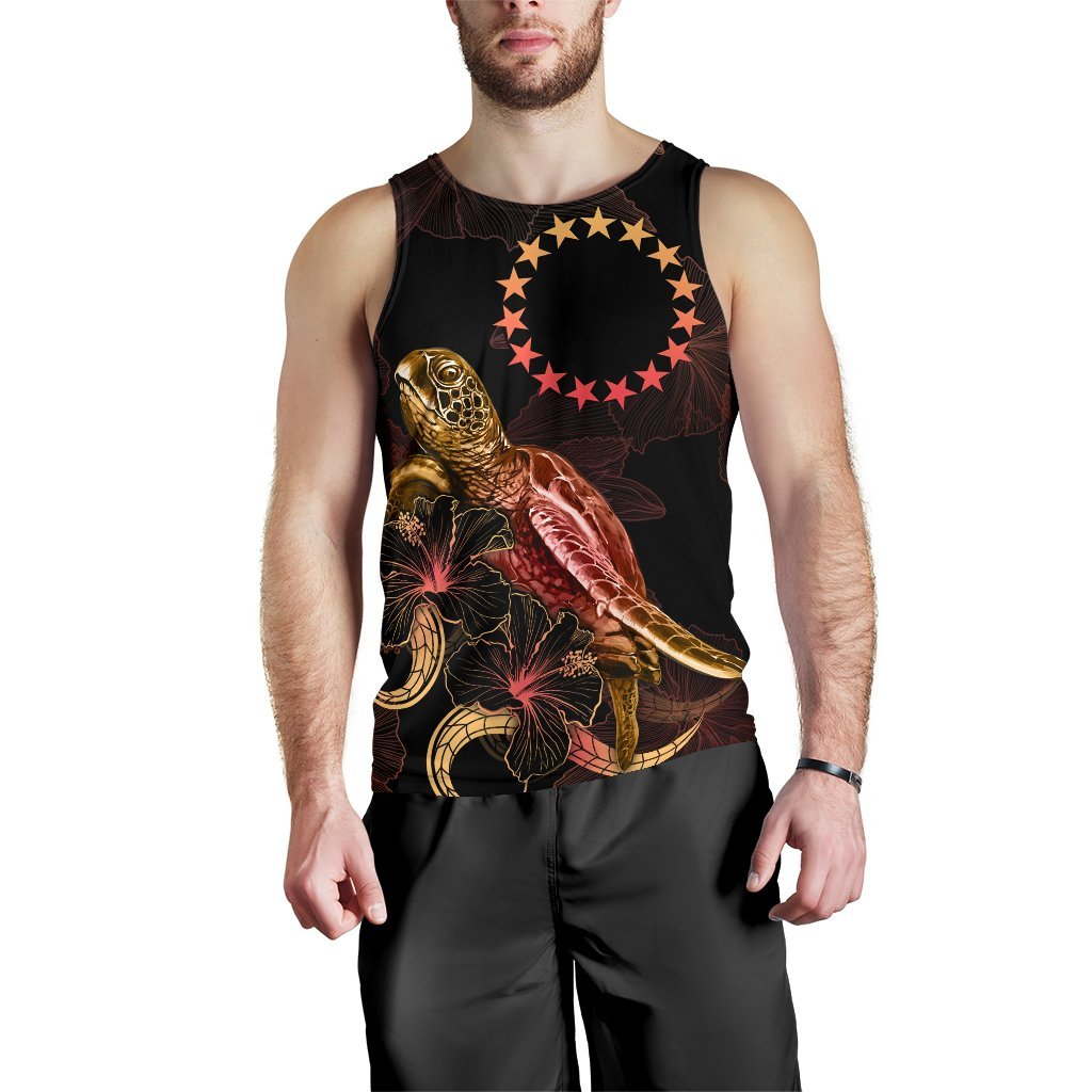 Cook Islands Men Tank Top - Turtle With Blooming Hibiscus Gold - Polynesian Pride