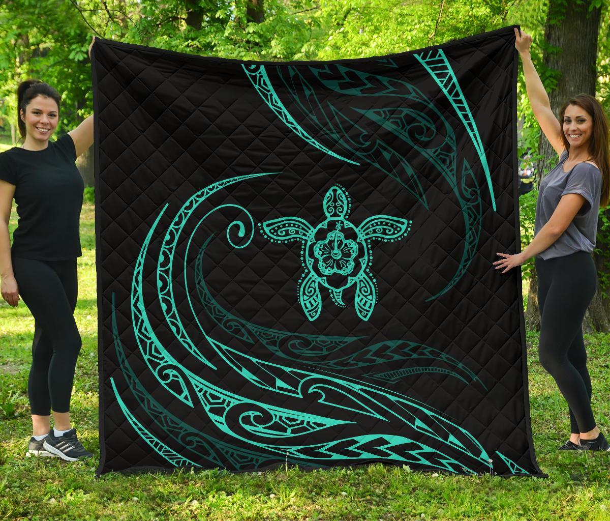 Hawaii Turtle Hibicus Premium Quilt - Frida Style - Turquoise Turquoise - Polynesian Pride