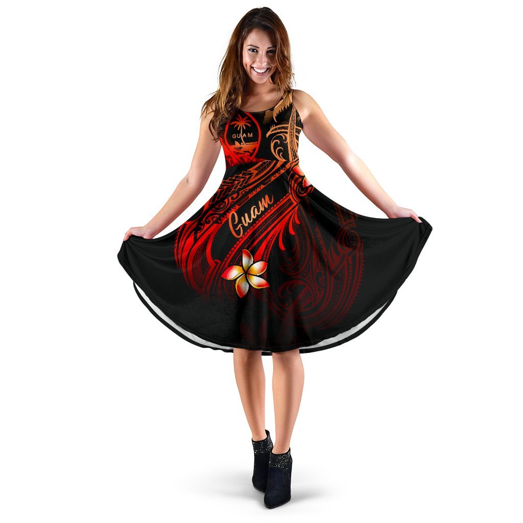 Guam Polynesian Midi Dress - Plumeria Flowers And Waves Women Red - Polynesian Pride