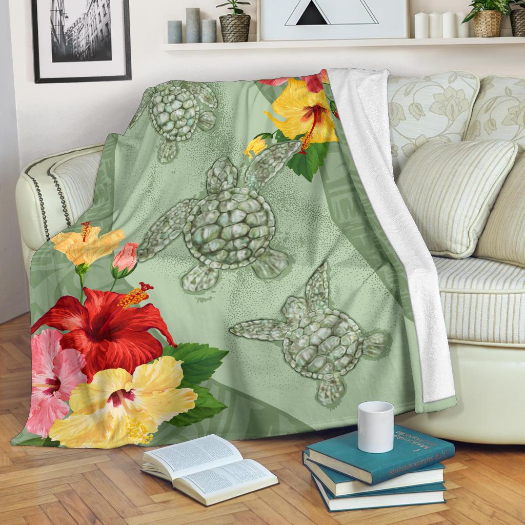 Hawaii Turtle Hibiscus Premium Blanket - Tink Style White - Polynesian Pride