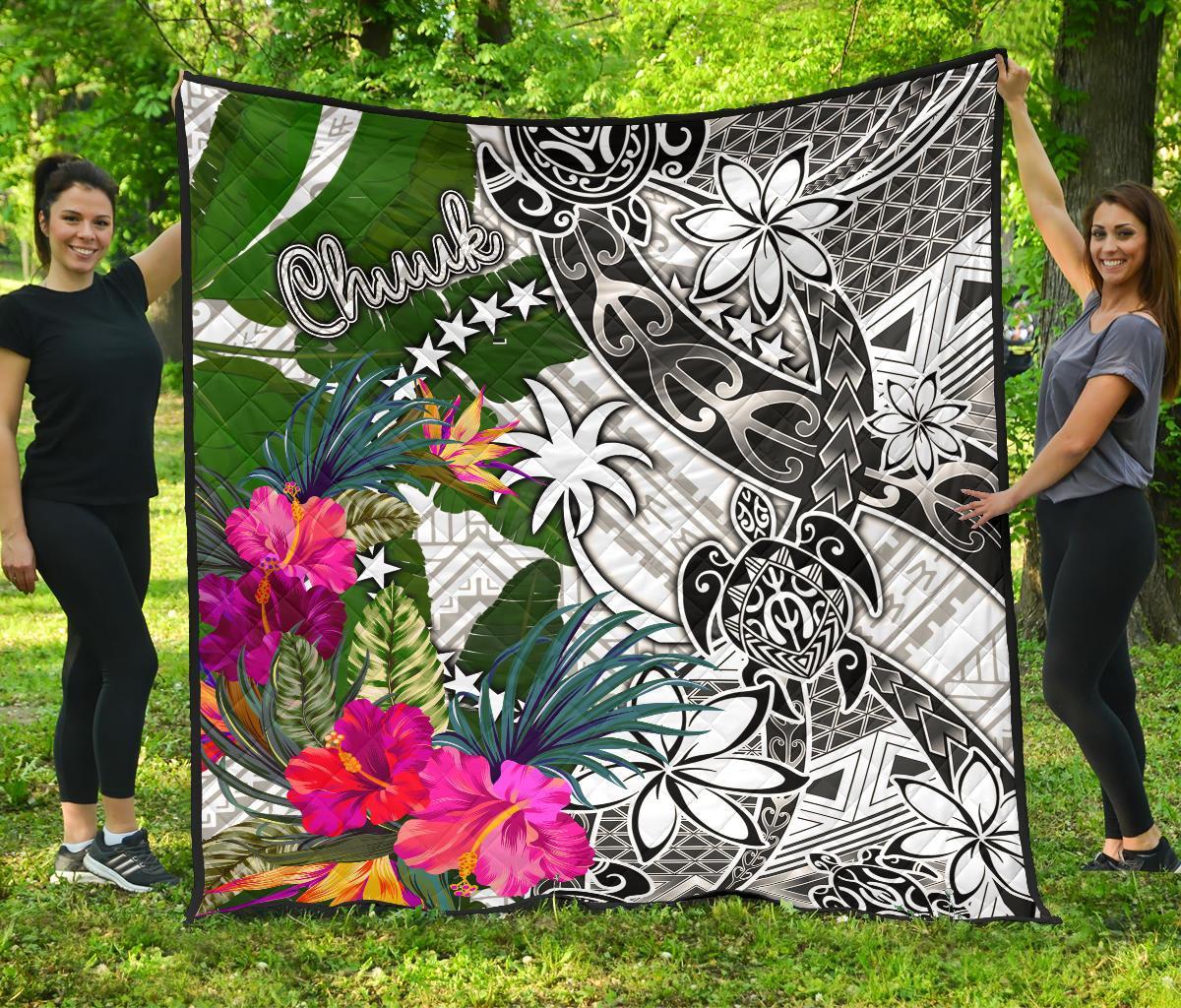 Chuuk Premium Quilt White - Turtle Plumeria Banana Leaf - Polynesian Pride