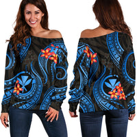 Polynesian Hawaii Off Shoulder Sweater - Blue Plumeria BLUE - Polynesian Pride