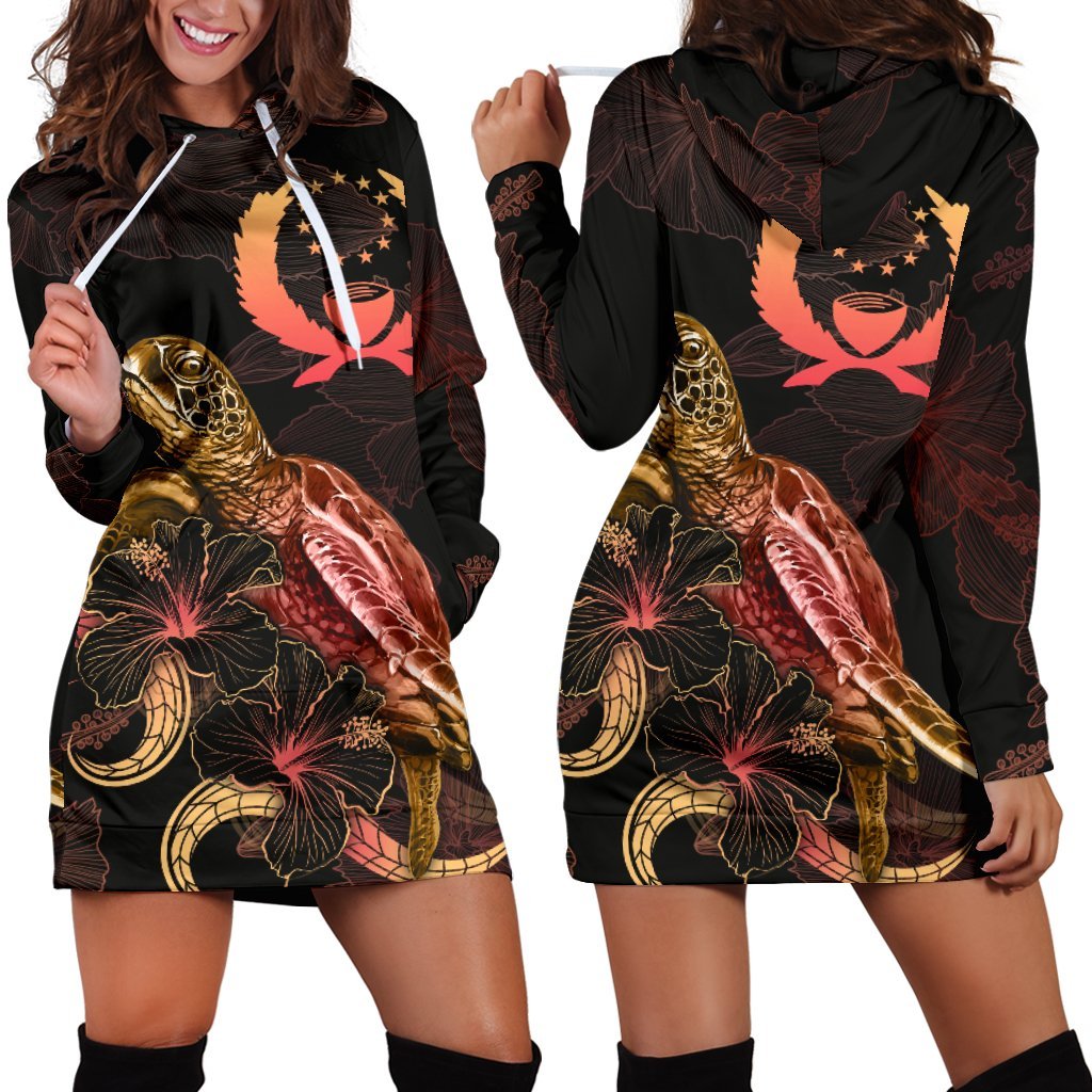 Pohnpei Polynesian Hoodie Dress - Turtle With Blooming Hibiscus Gold Gold - Polynesian Pride