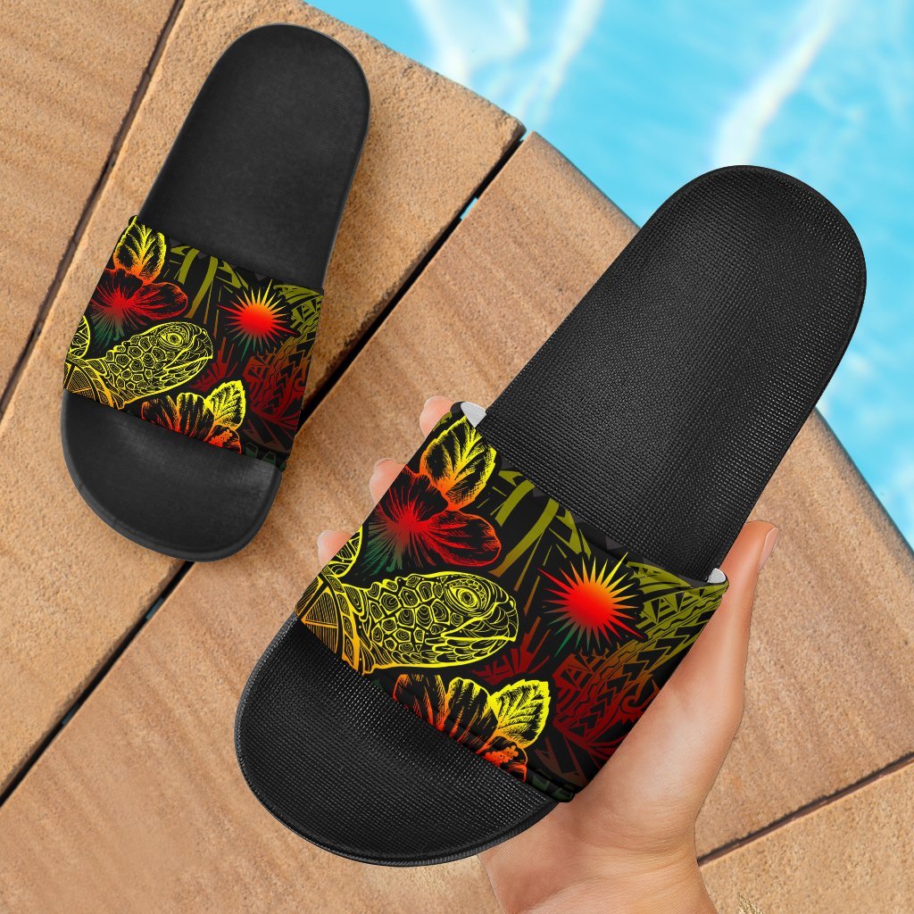 Marshall Islands Slide Sandals - Turtle Hibiscus Pattern Reggae Black - Polynesian Pride