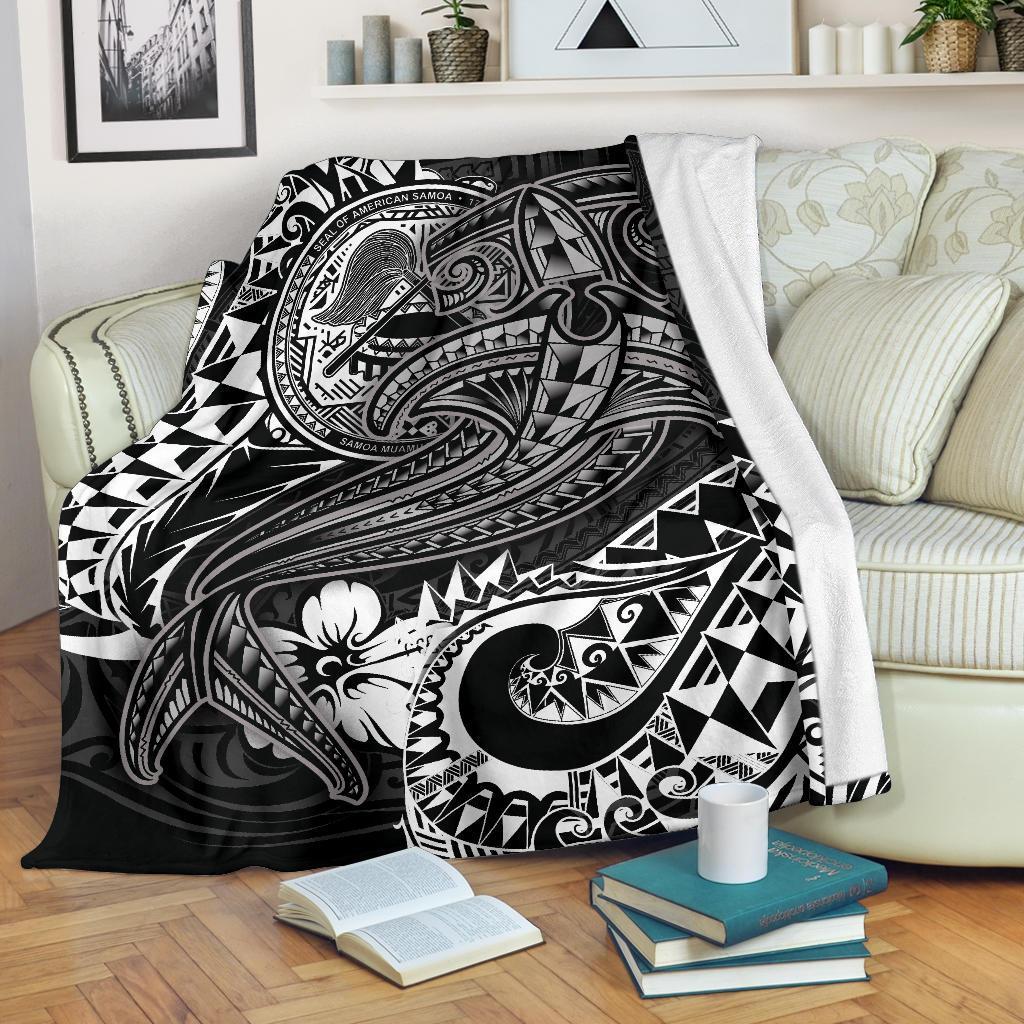 American Samoa Premium Blanket - White Shark Polynesian Tattoo White - Polynesian Pride