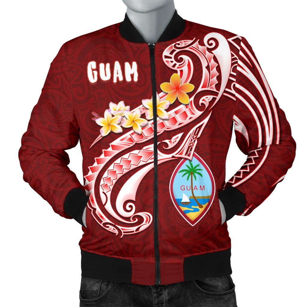 Guam Men's Bomber Jacket - Guam Seal Polynesian Patterns Plumeria (Red) Red - Polynesian Pride