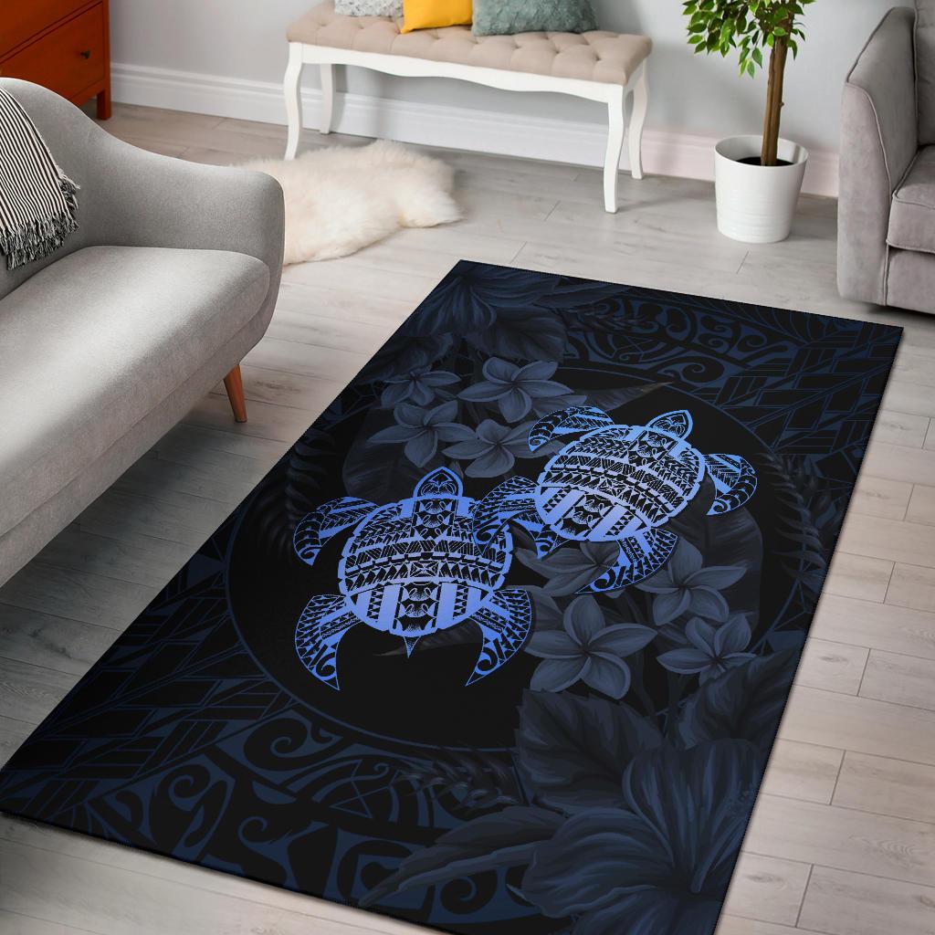 hawaii Rug - Turtle Strong Pattern Hibiscus Plumeria Blue AH Blue - Polynesian Pride