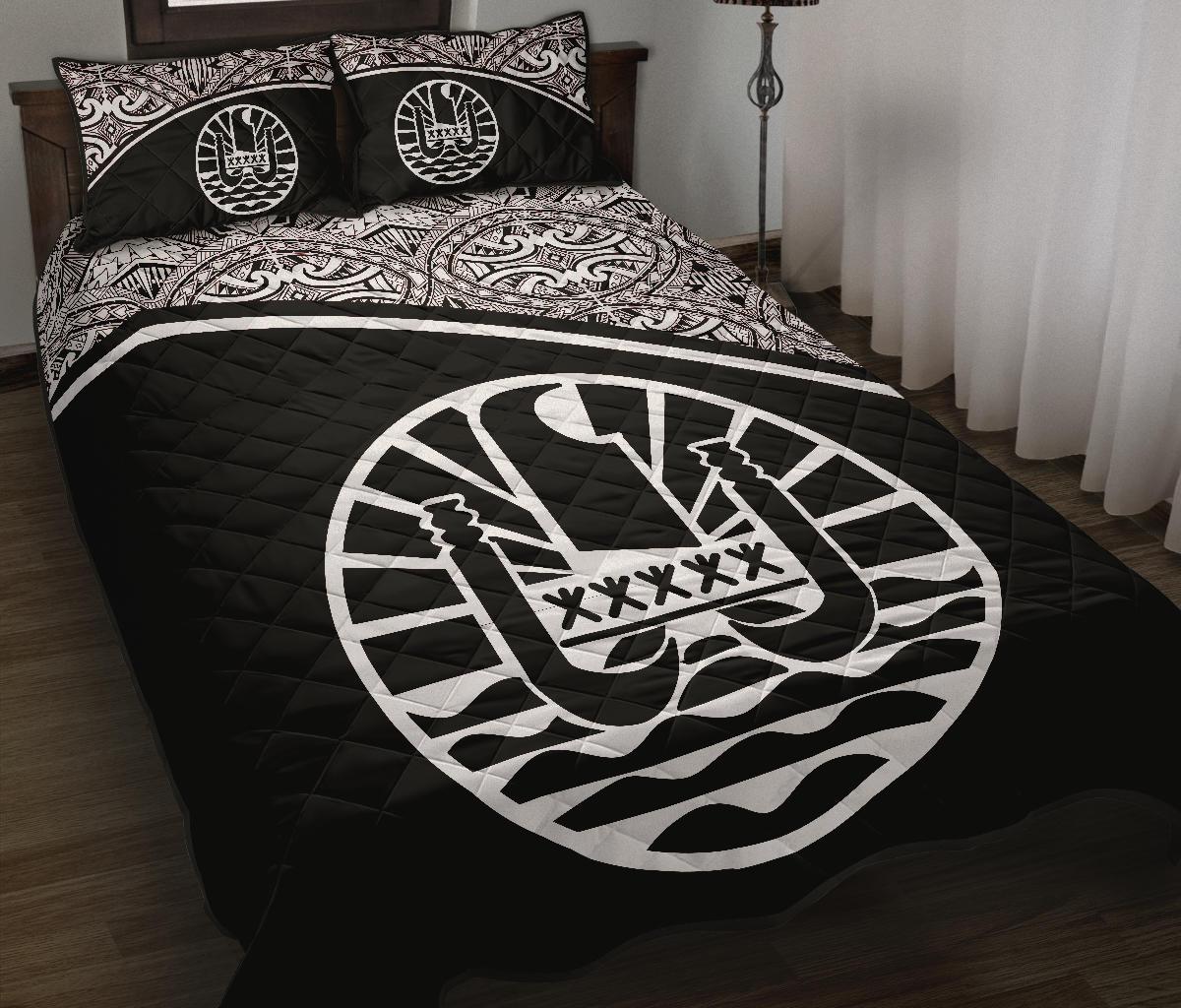 Tahiti Polynesian Quilt Bed Set - Tahiti Flag Black Curve Style - Polynesian Pride