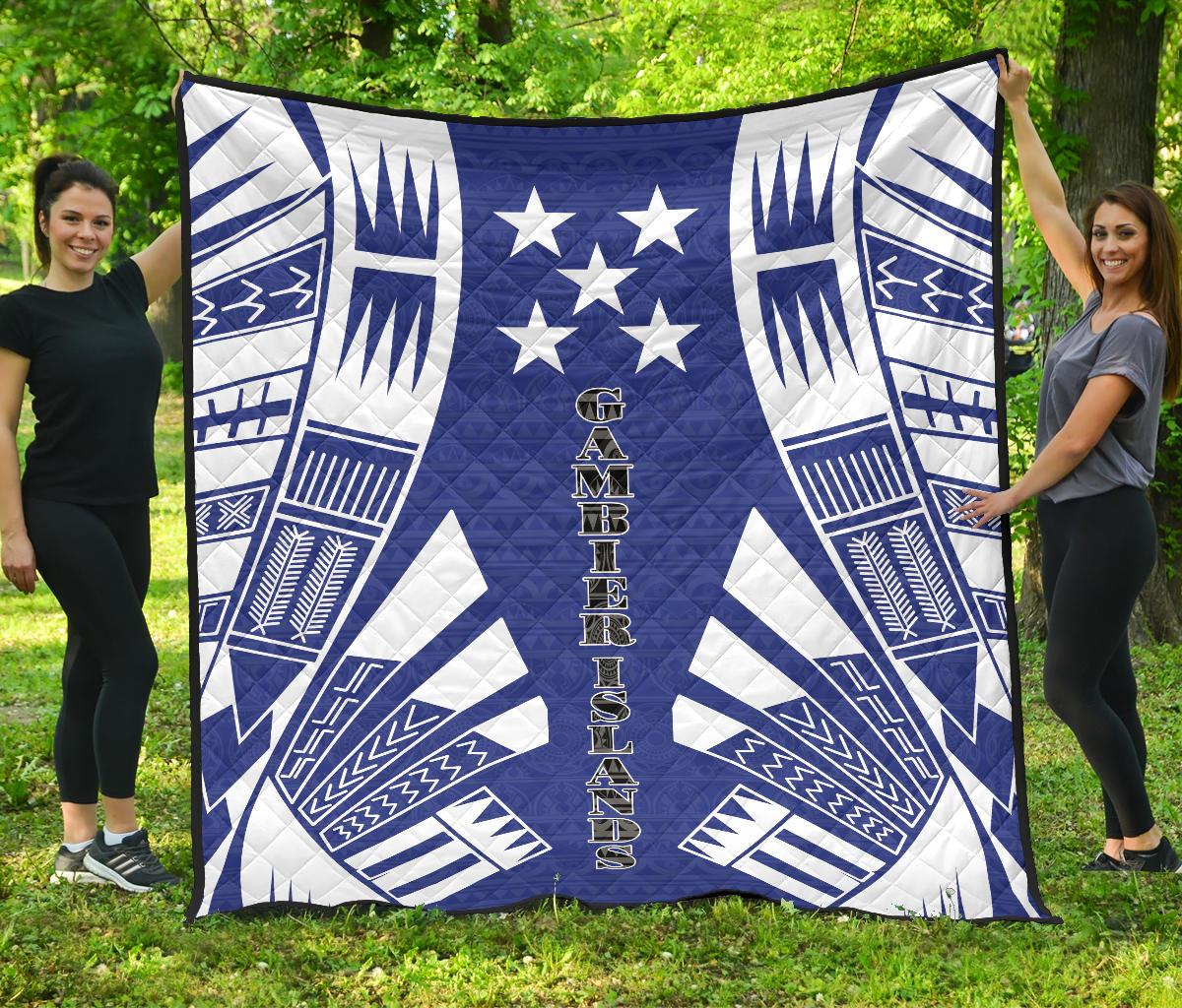 Gambier Islands Premium Quilt - Gambier Islands Flag Polynesian White Tattoo (Blue) - Polynesian Pride