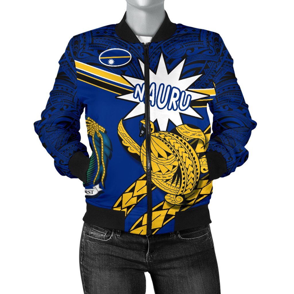 Nauru Rugby Women Bomber Jacket Version Turtle Polynesian Blue - Polynesian Pride