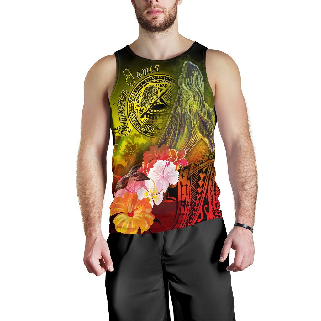 American Samoa Polynesian Men's Tank Top - Humpback Whale with Tropical Flowers - Polynesian Pride