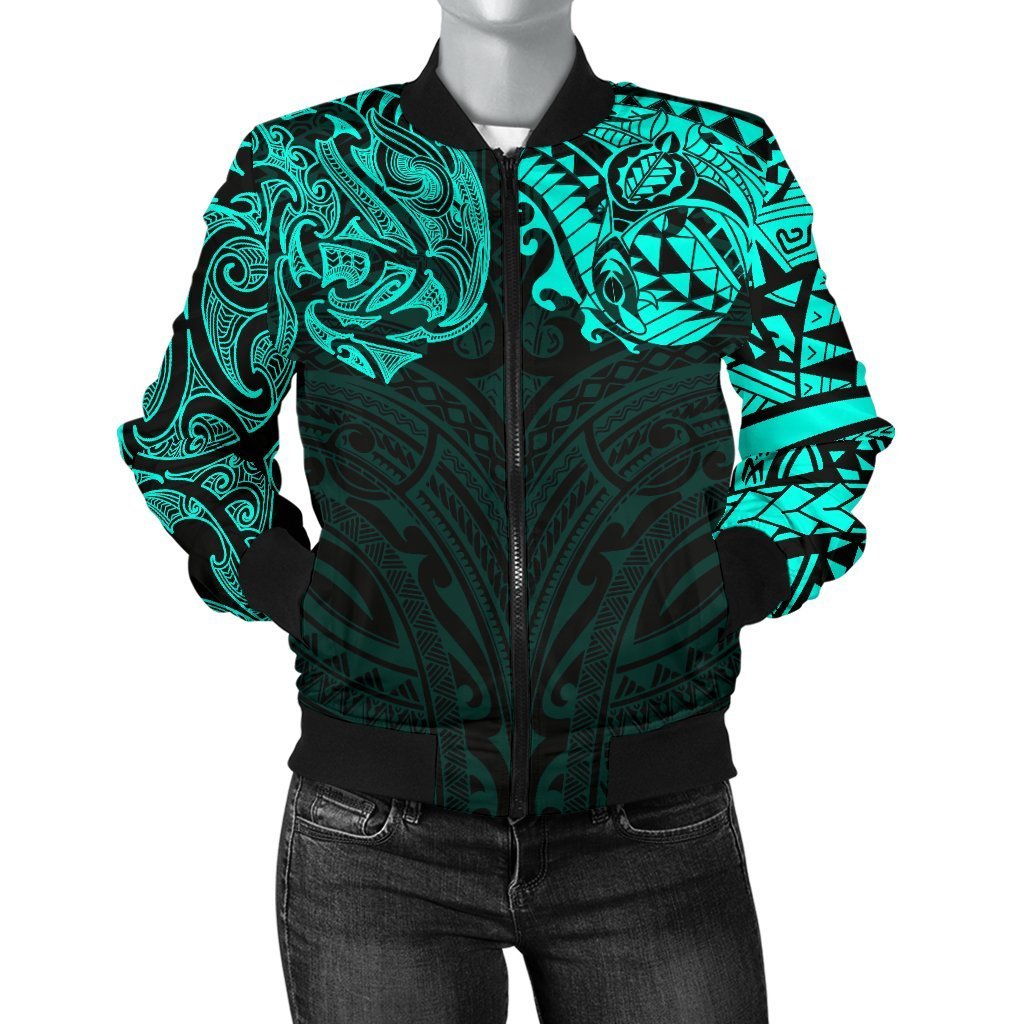 New Zealand Women's Bomber Jacket, Maori Polynesian Tattoo Turquoise Turquoise - Polynesian Pride