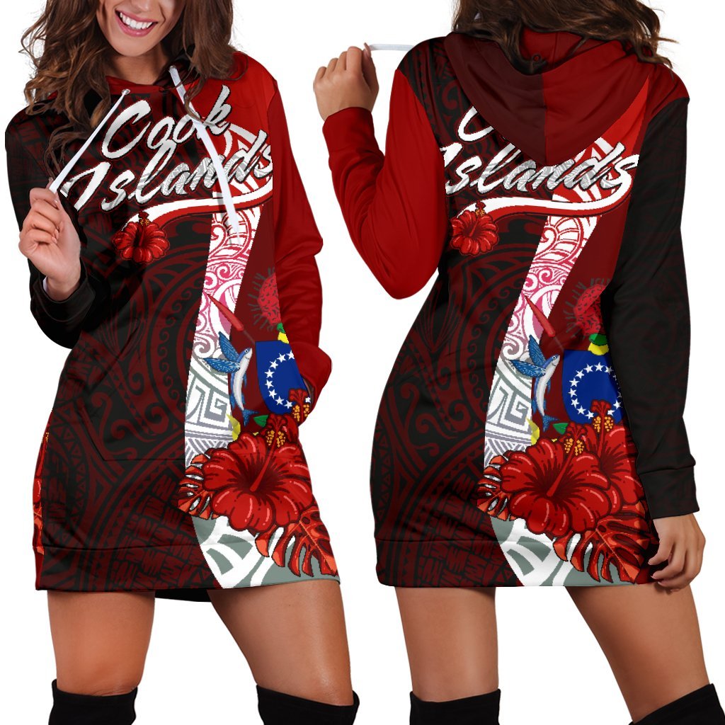 Cook Islands Polynesian Hoodie Dress - Coat Of Arm With Hibiscus Red - Polynesian Pride