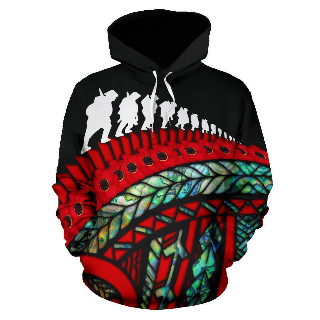 ANZAC New Zealand Hoodie, Poppies Lest We Forget Maori Pullover Hoodie Soldiers Paua Unisex Black - Polynesian Pride