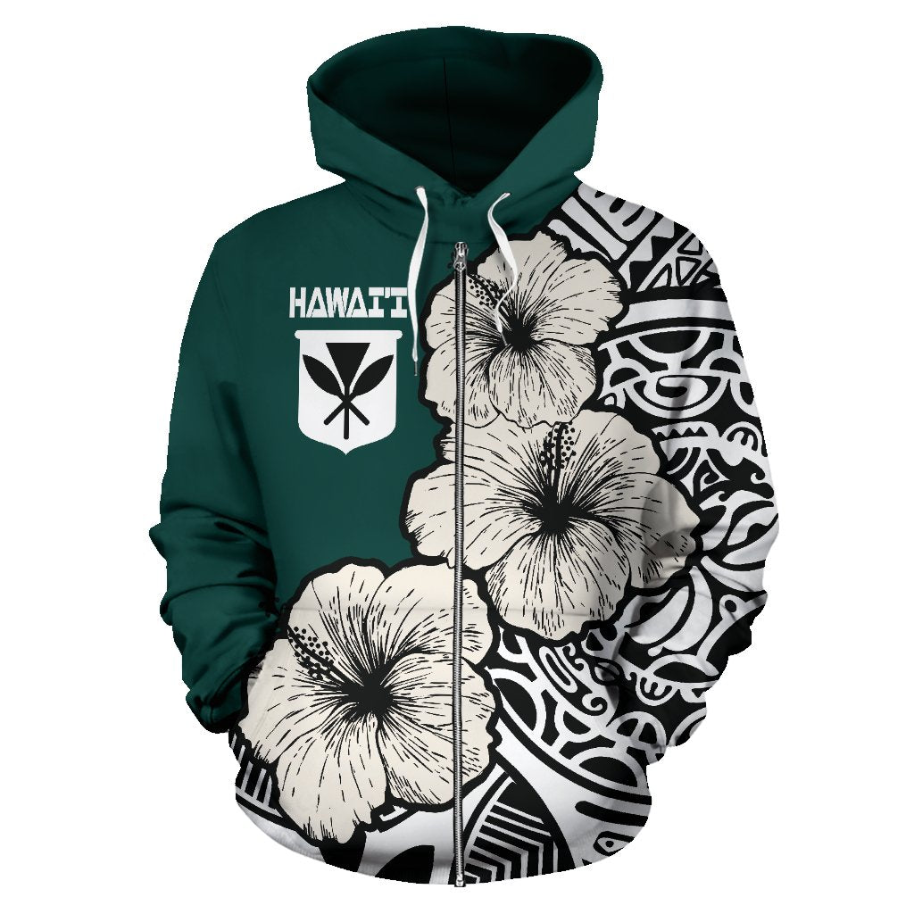 Hawaiian Allover Zip Hoodie Hawaii Kanaka Maoli Flag Hibiscus A0 - Polynesian Pride
