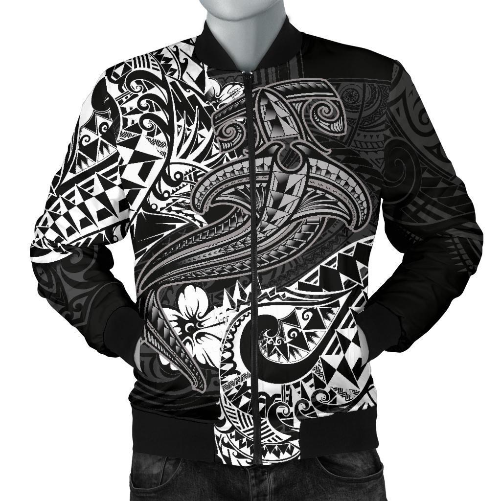 Polynesian Men's Bomber Jacket - White Shark Polynesian Tattoo White - Polynesian Pride
