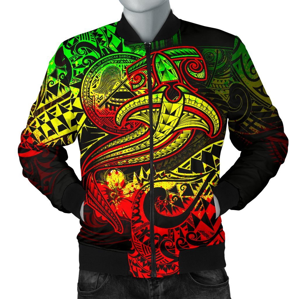 American Samoa Men's Bomber Jacket - Reggae Shark Polynesian Tattoo Reggae - Polynesian Pride