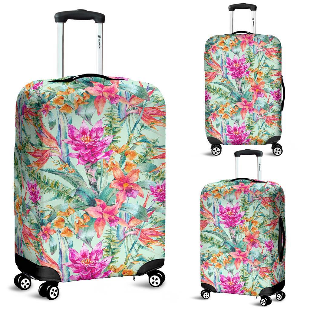 Hawaii Watercolor Vintage Floral Tropical Bird of Paradise Luggage Cover White - Polynesian Pride