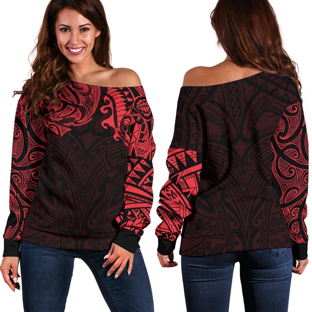 New Zealand Women's Off Shoulder Sweater, Maori Polynesian Tattoo Red Red - Polynesian Pride