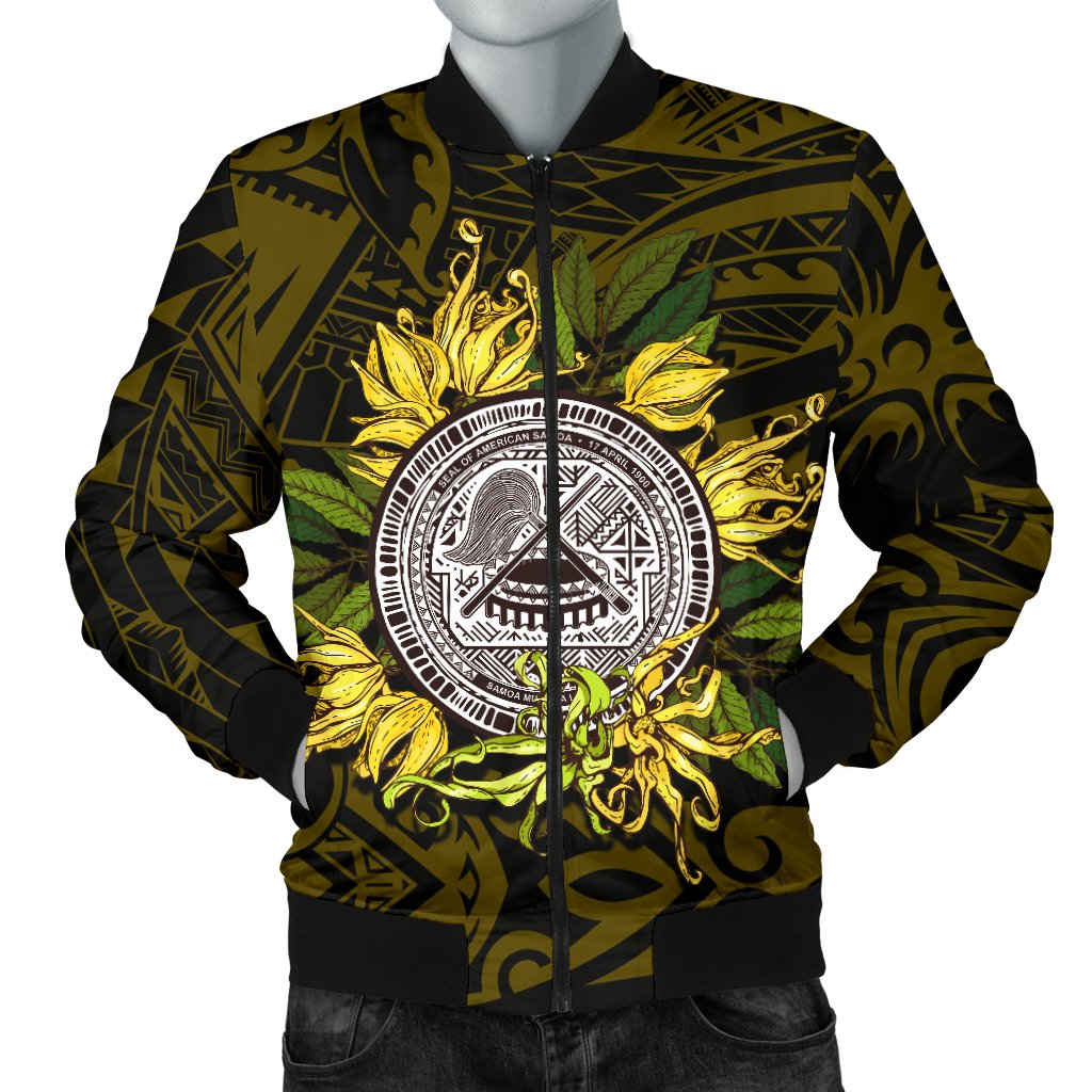 American samoa Men's Bomber Jacket Ylang Ylang Flowers Black - Polynesian Pride