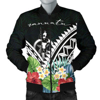 Vanuatu Men's Bomber Jacket - Vanuatu Caledonia Coat of Arms & Polynesian Tropical Flowers White White - Polynesian Pride