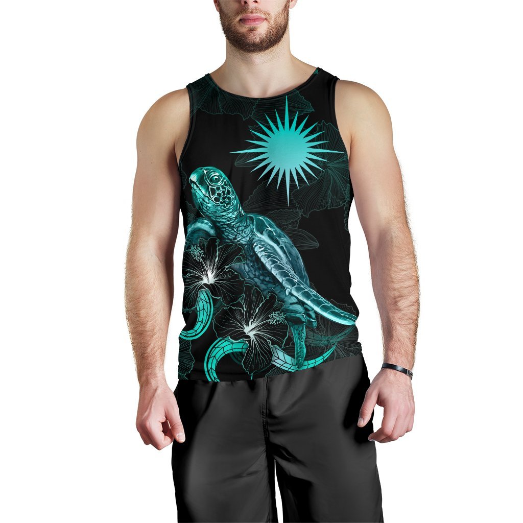 Marshall Islands Polynesian Men Tank Top - Turtle With Blooming Hibiscus Tuquoise - Polynesian Pride