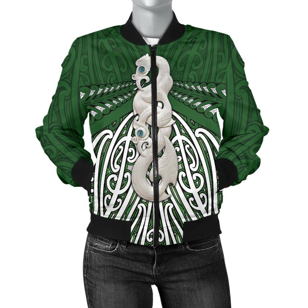 Maori Moko Tattoo Bomber Jacket for Women, Manaia Pounamu Green - Polynesian Pride