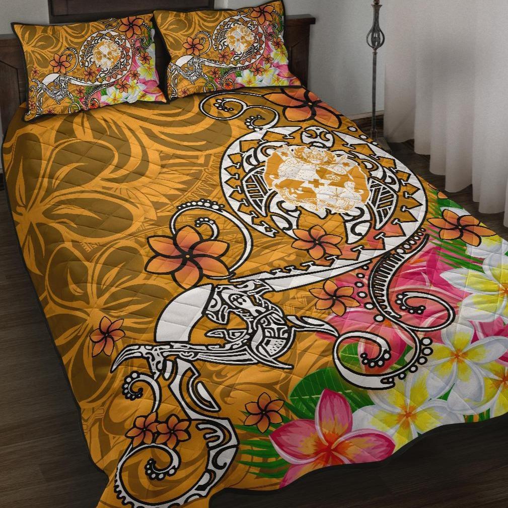 Tonga Quilt Bed Set - Turtle Plumeria (Gold) Gold - Polynesian Pride