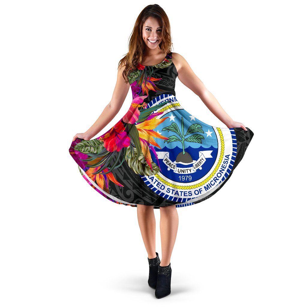 Federated States Of Micronesia Midi Dress - Hibiscus Micronesian Pattern Women Black - Polynesian Pride