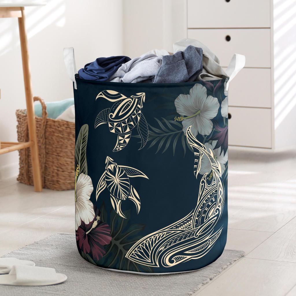 Hawaii Tropical Hibiscus Turtle Shark Aumakua Laundry Basket Lucas Style Blue AH Laundry Basket - 2 One Size Blue - Polynesian Pride