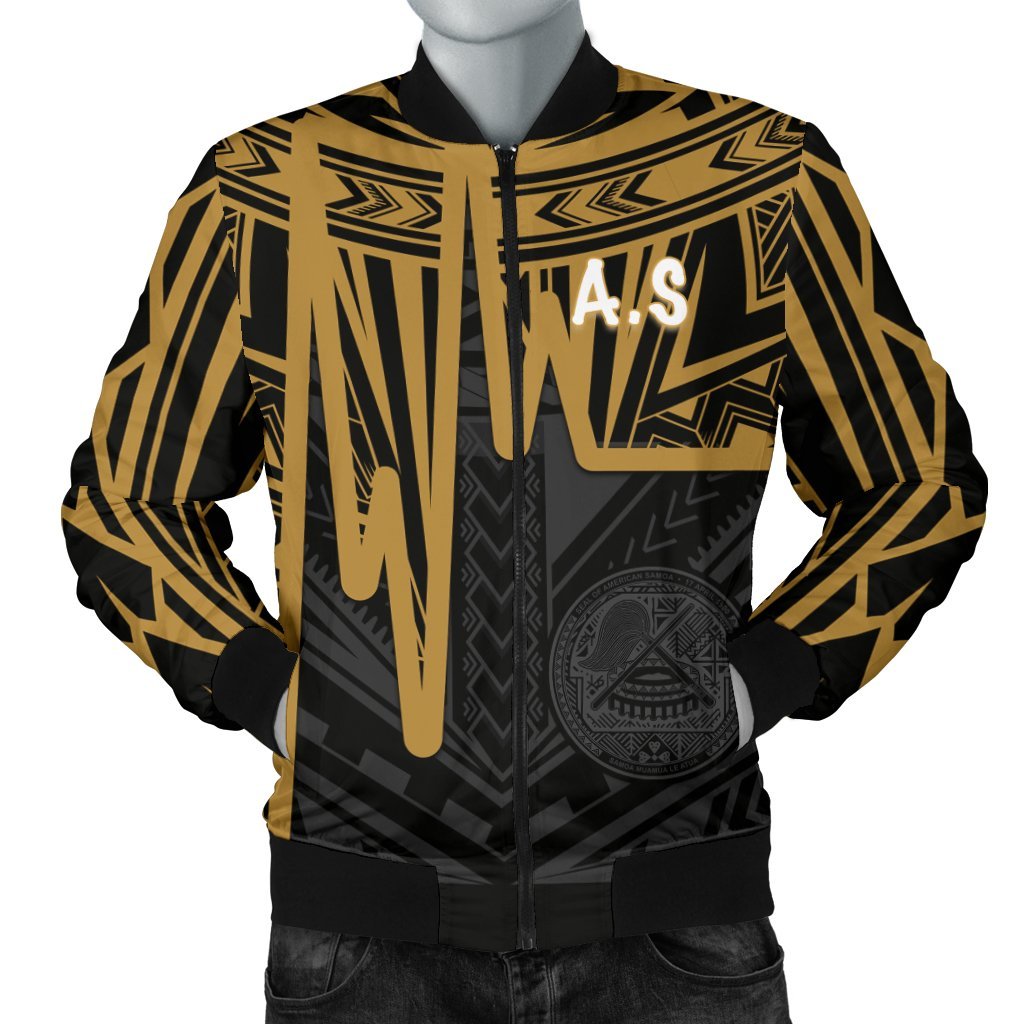 American Samoa Men's Bomber Jacket - Seal With Polynesian Pattern Heartbeat Style (Gold) Gold - Polynesian Pride