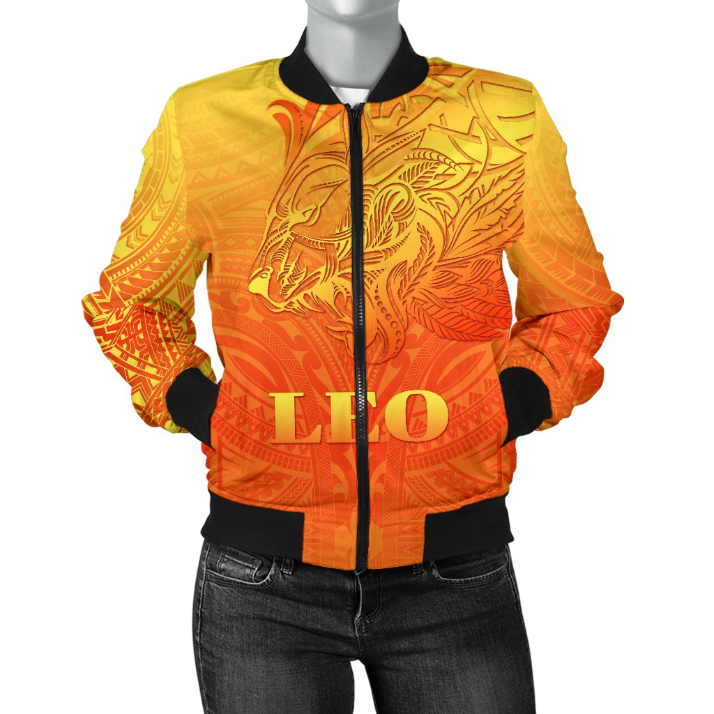 Sun In Leo Zodiac Women Bomber Jacket Polynesian Tattoo Simple - Orange Orange - Polynesian Pride