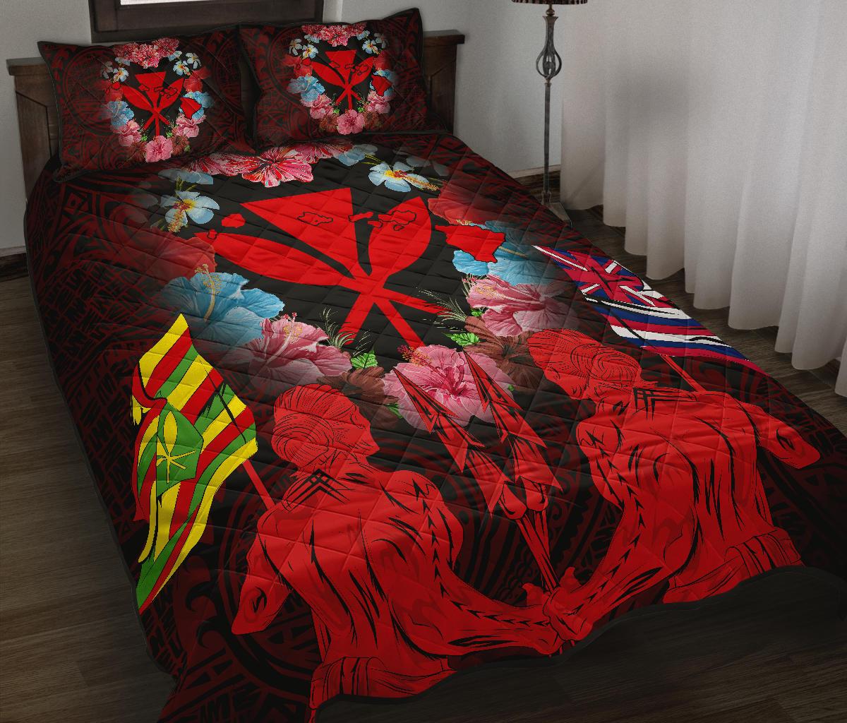 Hawaii Map Kanaka Two Men Holding Flag Quilt Bed Set - AH - Red - Polynesian Pride