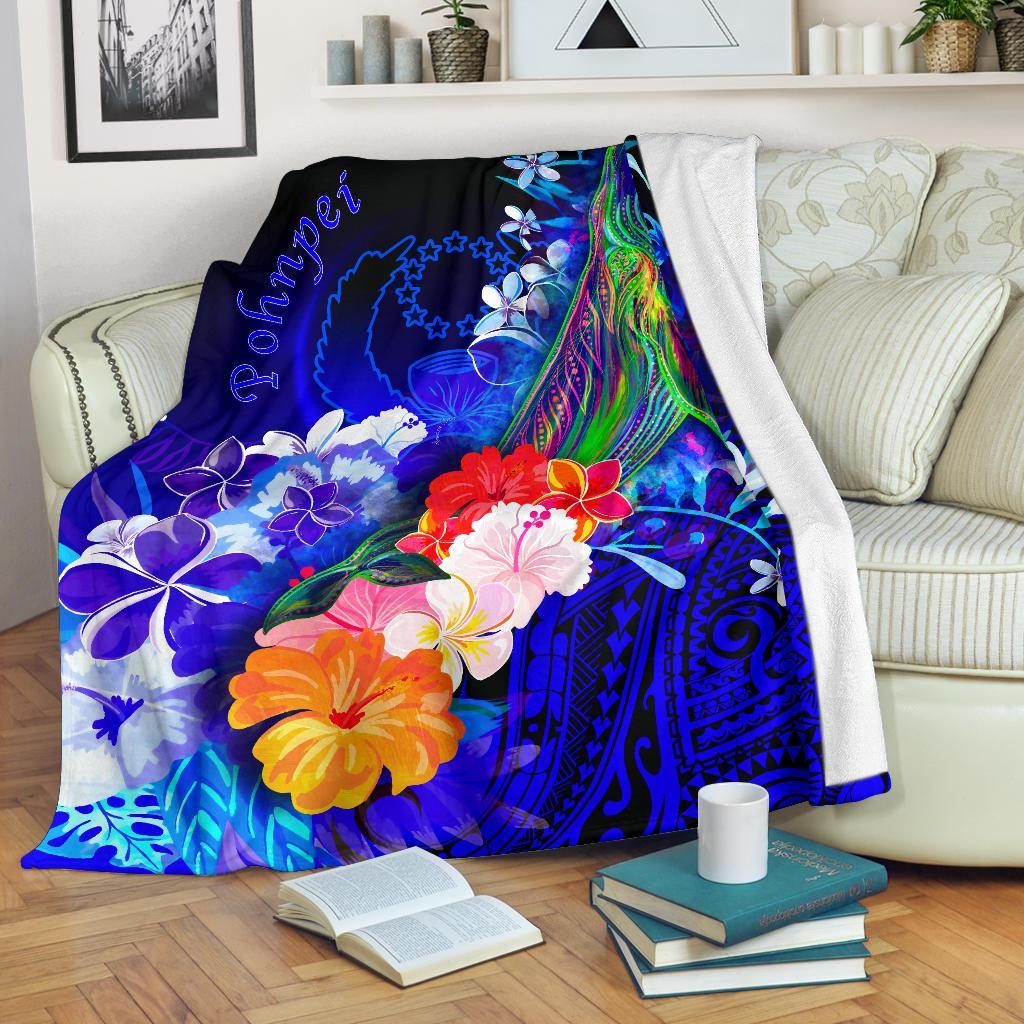 Pohnpei Premium Blanket - Humpback Whale with Tropical Flowers (Blue) White - Polynesian Pride