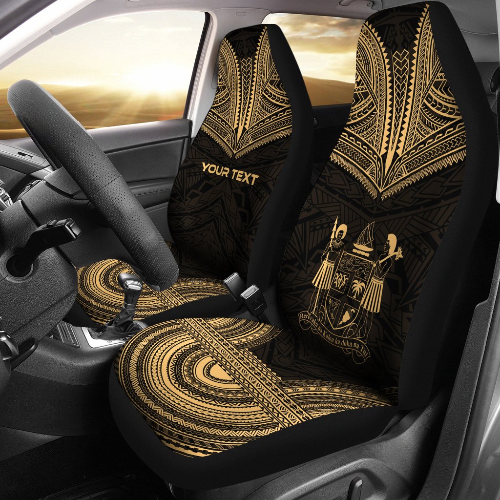 Fiji Custom Personalised Car Seat Cover - Fiji Coat Of Arms Polynesian Chief Tattoo Gold Version Universal Fit Gold - Polynesian Pride