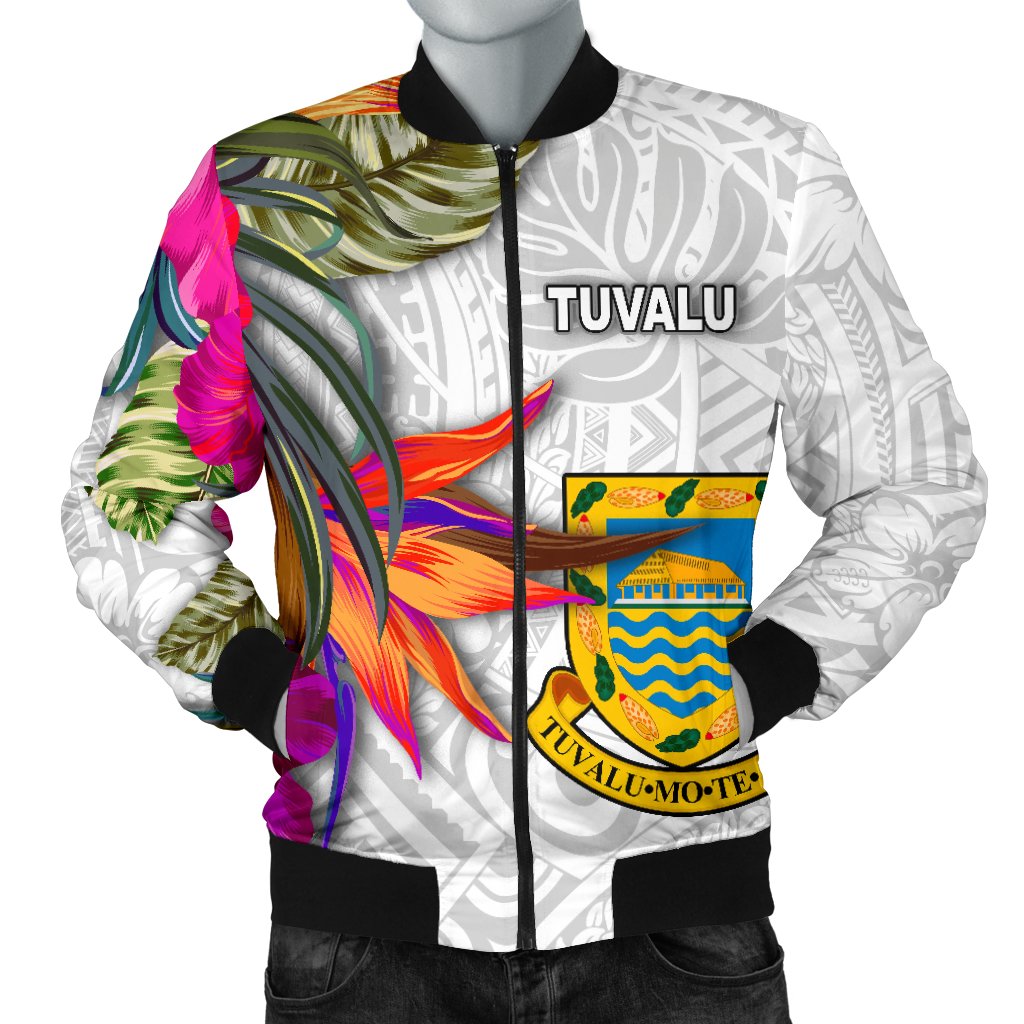 Tuvalu Men's Bomber Jacket Polynesian Hibiscus White Pattern White - Polynesian Pride