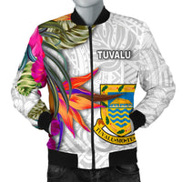 Tuvalu Men's Bomber Jacket Polynesian Hibiscus White Pattern White - Polynesian Pride