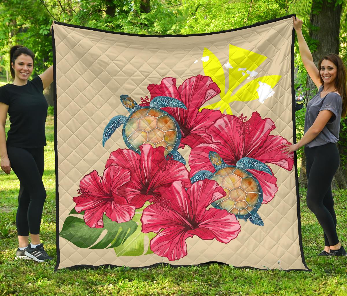 Hawaii Turtle Hibiscus Beige Simple Style - Premium Quilt AH Yellow - Polynesian Pride