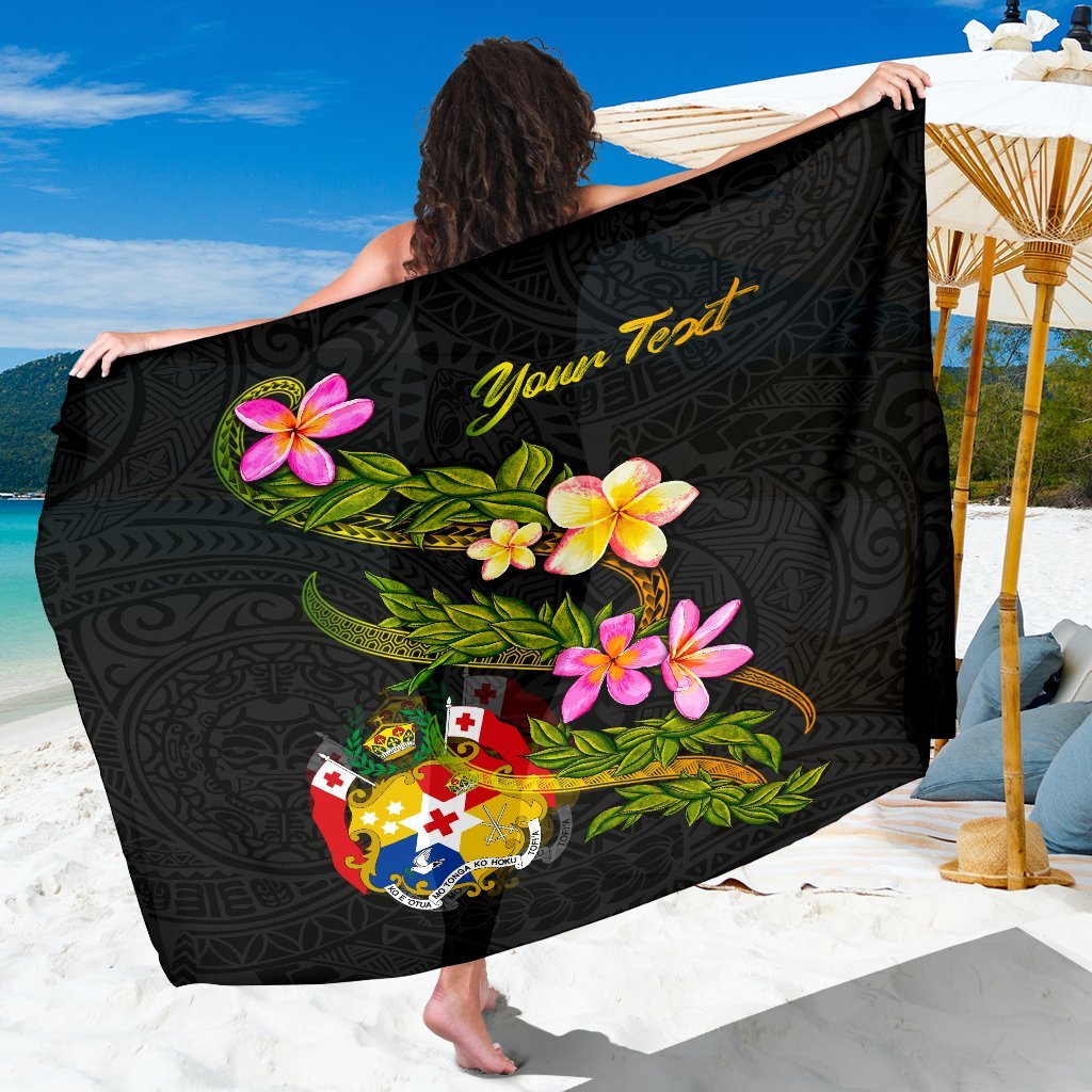 Tonga Polynesian Custom Personalised Sarong - Plumeria Tribal Women One Size Black - Polynesian Pride