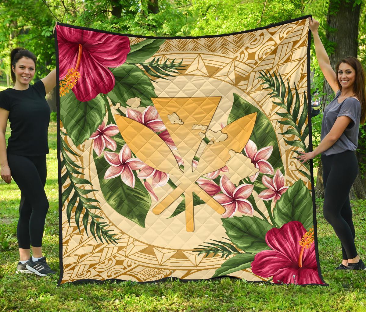 Hawaii Premium Quilt - Kanaka Maoli Premium Quilt Strong Pattern Hibiscus Plumeria AH Gold - Polynesian Pride