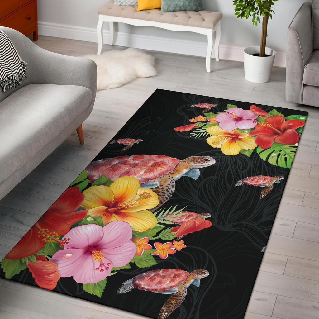 Hibiscus Plumeria Turtle Area Rug AH Black - Polynesian Pride