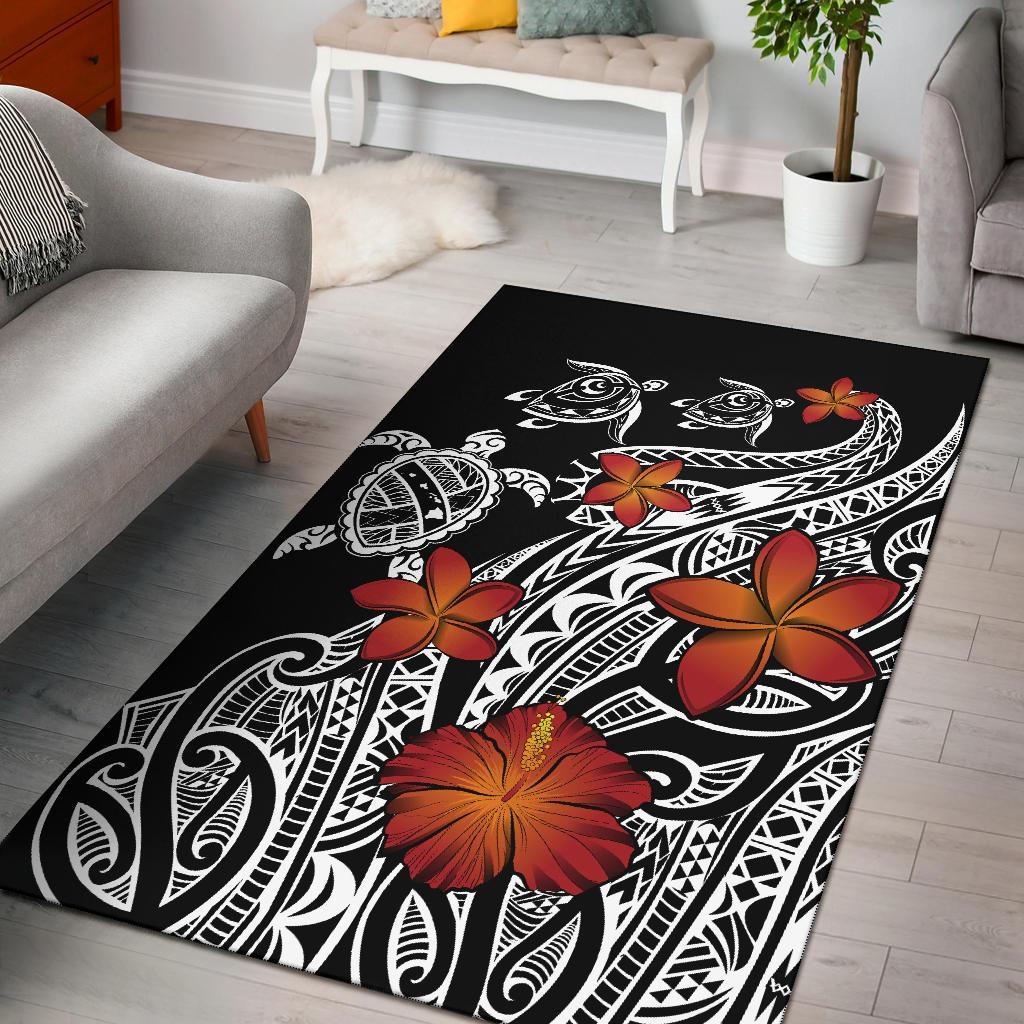 Hawaiian Map Turtle Swim Plumeria Polynesian Rug - J6 Black - Polynesian Pride