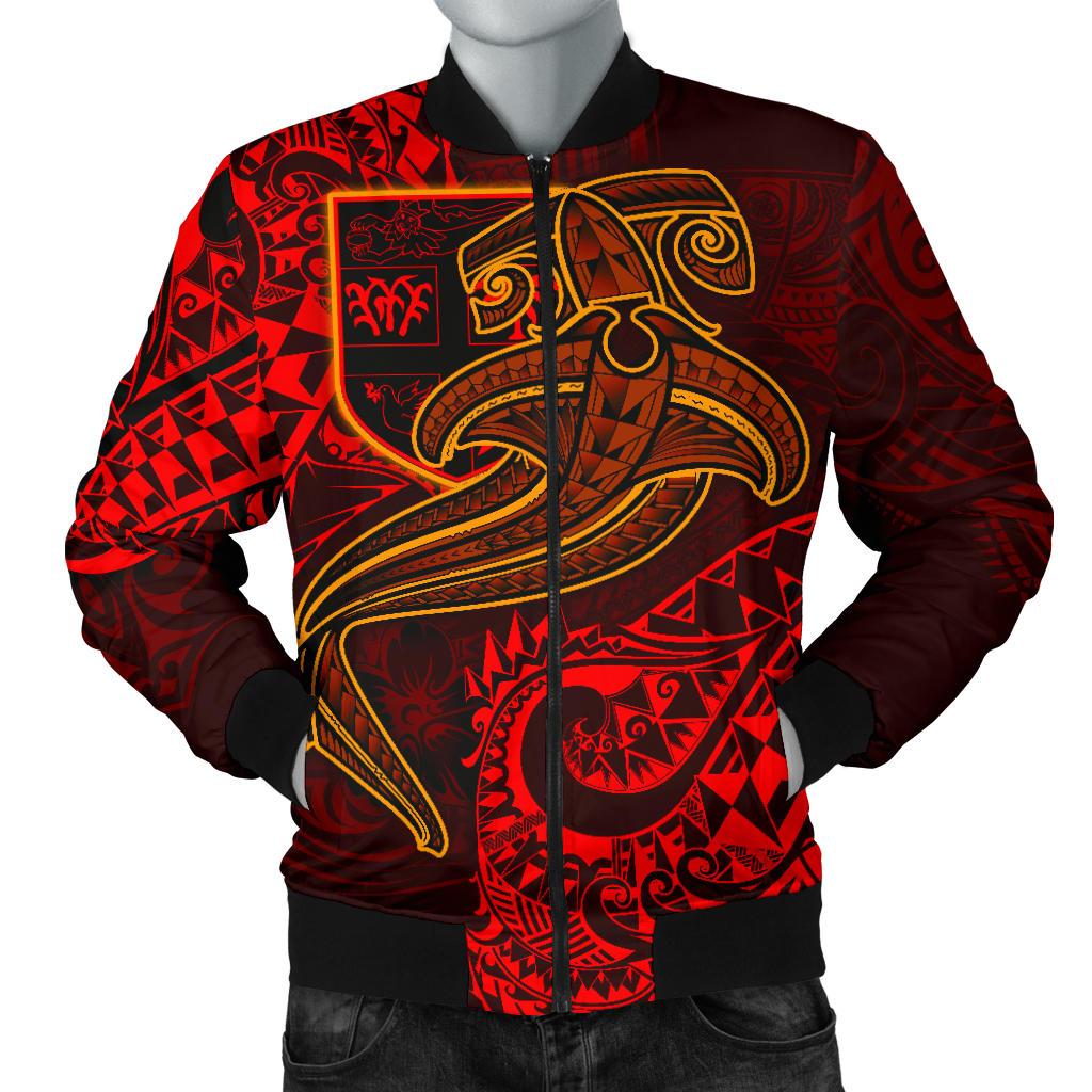 Fiji Men's Bomber Jacket - Red Shark Polynesian Tattoo Red - Polynesian Pride