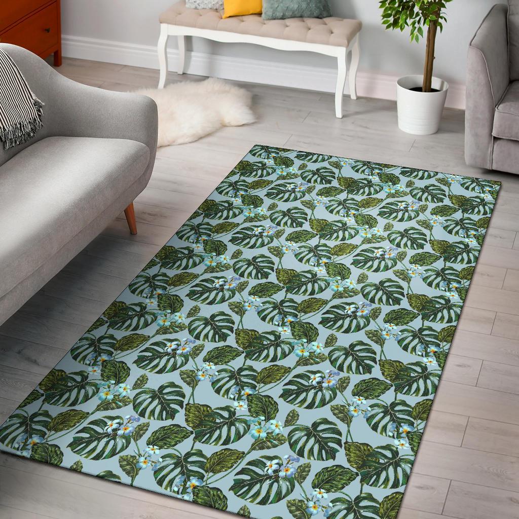 Tropical Flowers Monstera Leaf Rug Black - Polynesian Pride