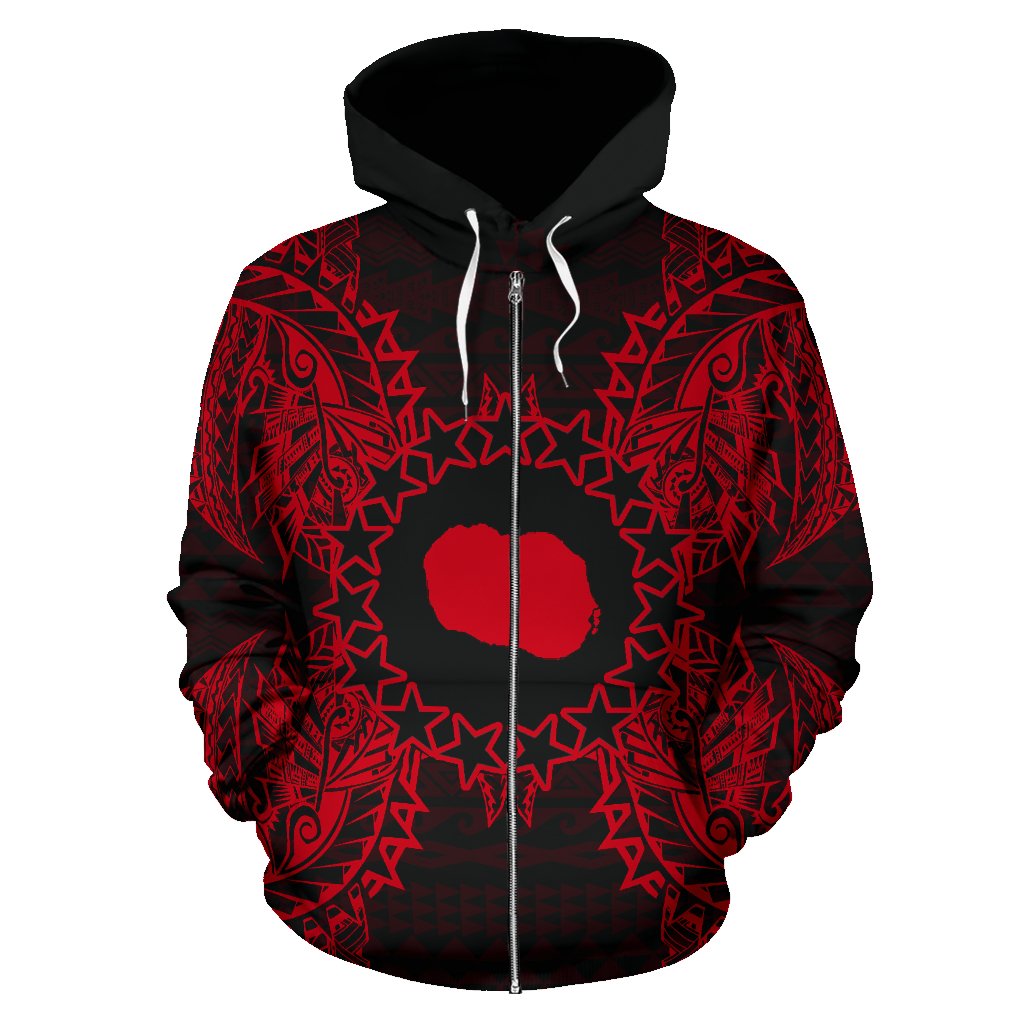 Cook Islands Polynesian All Over Zip up Hoodie Map Red - Polynesian Pride