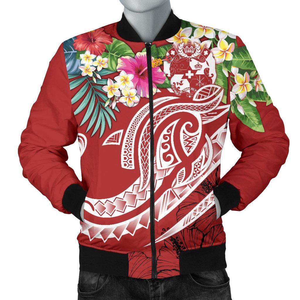 Tonga Polynesian Men's Bomber Jacket - Summer Plumeria (Red) Red - Polynesian Pride