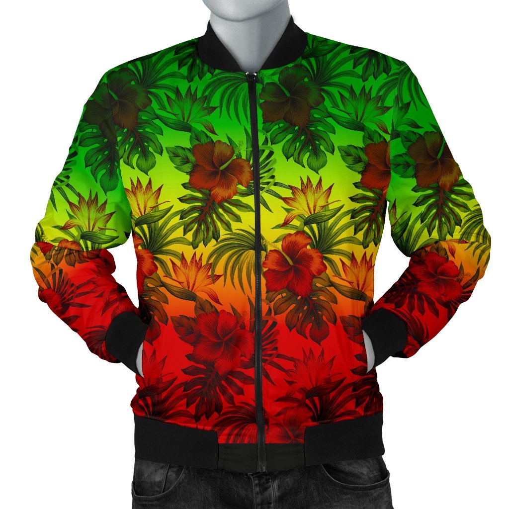 Polynesian Men's Bomber Jacket - Reggae Hibiscus Patterns Red - Polynesian Pride