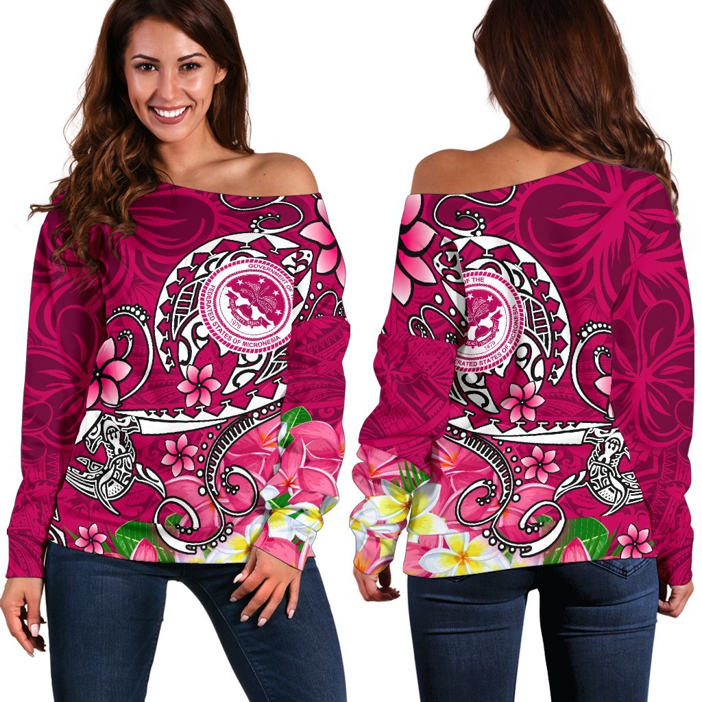 FSM Women's Off Shoulder Sweater - Turtle Plumeria (PINK) Pink - Polynesian Pride