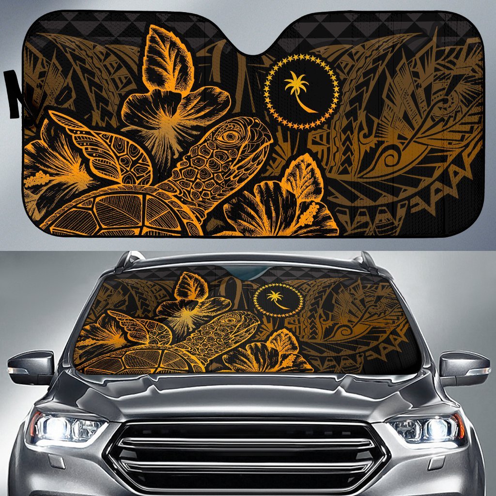 Chuuk Auto Sun Shades Turtle Hibiscus Gold Auto Sun Shade Universal Fit Gold - Polynesian Pride