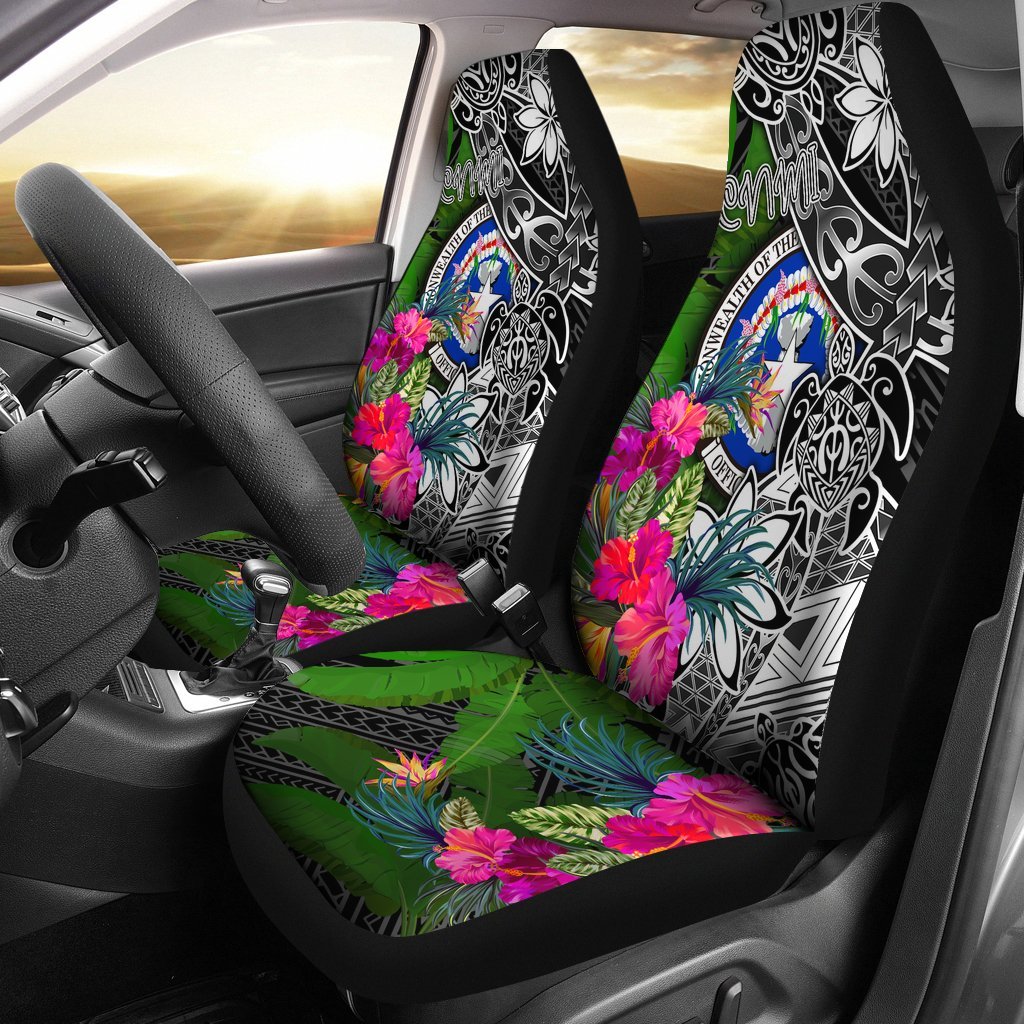 Northern Mariana Islands Car Seat Covers - Turtle Plumeria Banana Leaf Universal Fit Black - Polynesian Pride